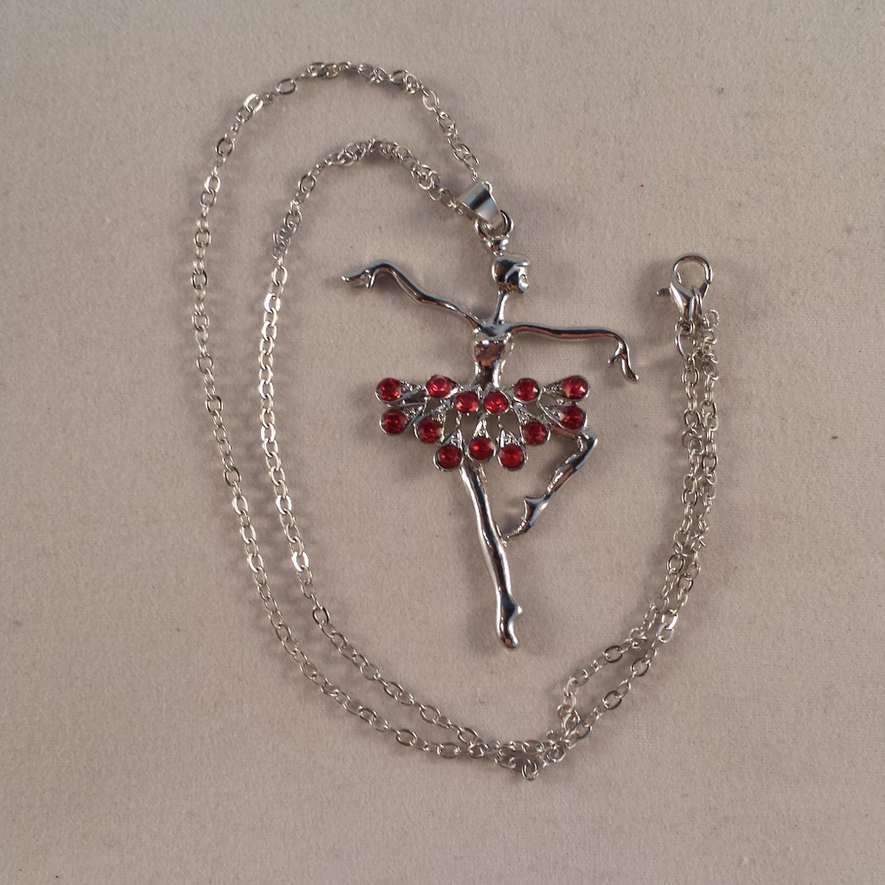 Silver Ballerina Dancer Red Crystal Gemstone Pendant Necklace Gorgeous Gift - Picture 2 of 2